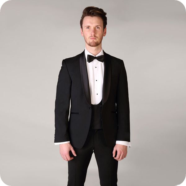 Abiti da uomo neri Scialle Risvolto Abiti da sposa Sposo Custom Made Slim Fit Costume formale Matrimonio Homme Abbigliamento da sposo Abito da ballo Smoking Blazer