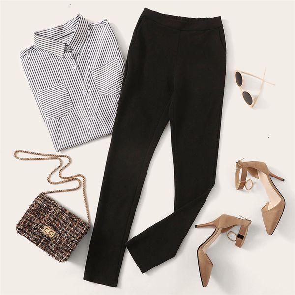 

женщина леггинсы брюки женщина талия mid черные полосатая эластичный пояс тощей брюки осень управление леди slim fit vertical женщина каранд, Black;white