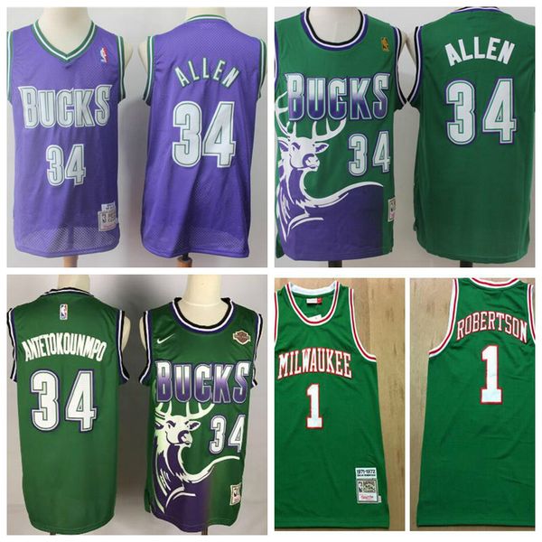 

men youth milwaukee bucks ray allen giannis antetokounmpo 1 robertson mitchell & ness purple green authentic player jersey01, Black;red
