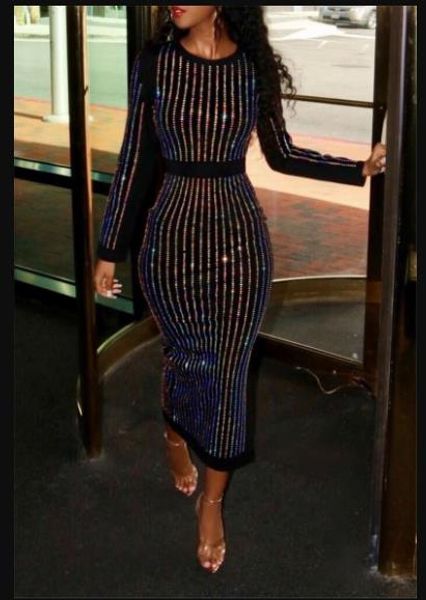 

women sequins patchwork dresses fashion crew neck long sleeve clothing designer office lady bodycon dress, Black;gray