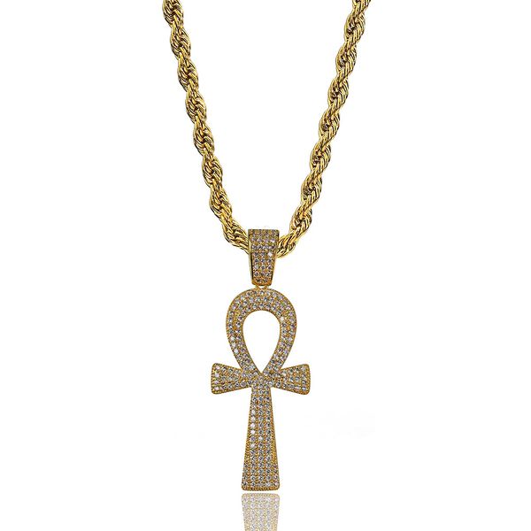 Colar com pingentes em formato de chave de cruz hip hop joias cobre diamante pedra banhado a ouro 18k joias femininas/masculinas