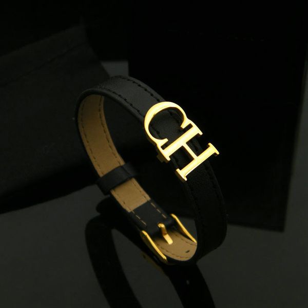 

bilincolor black leather belt with golden ch letter bracelet for female womens jewellery, Golden;silver