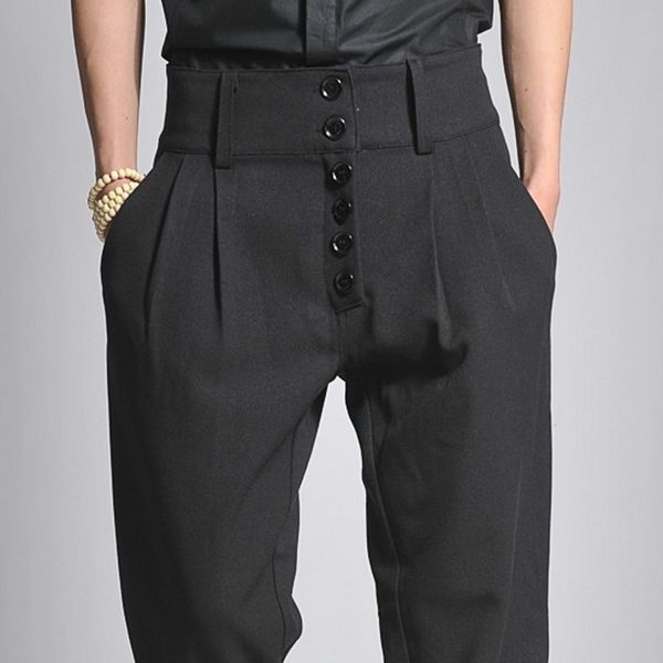 

spring new black mens high waist buttons boot cut long pants high street casual loose fit harem pants plus size male trousers