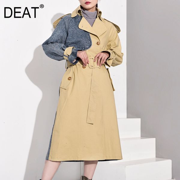 

deat] women denim spliced belt hit color trench new lapel long sleeve loose fit windbreaker fashion autumn winter 2020 wj2660, Tan;black
