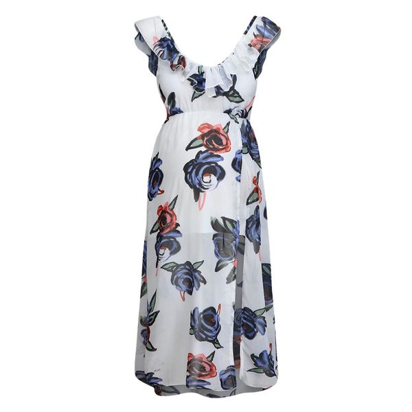 

women maternity sleeveless sling round collar floral printed dress pregnant summer ruffle vest long dresses for p shoot a30, White