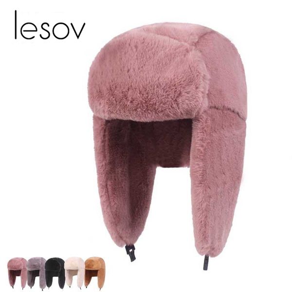 Lesov grosso chapéu bombardeiro de pelúcia chapéu de inverno quente para homens mulheres trapper trooper chapéus orelha proteger tampas de neve russo earflap bonnet y200110