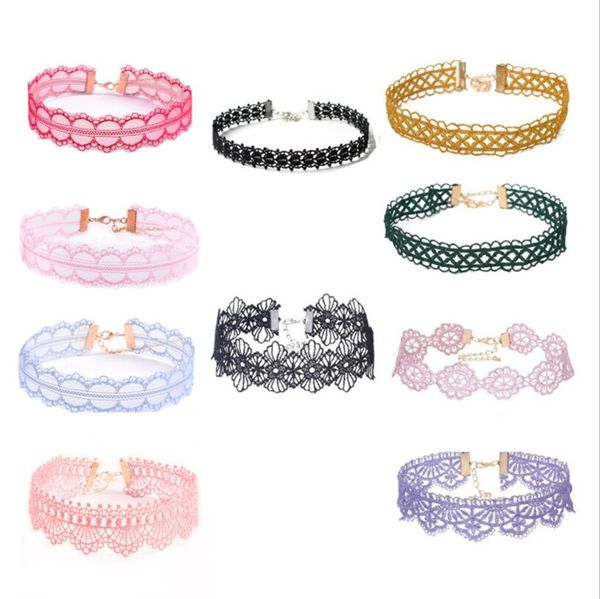 

10pcs/set mixed colors lace flower choker tattoo necklace for women girl clavicle collares jewelry gift, Golden;silver
