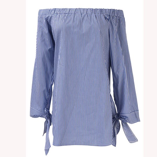

fashion korean women autumn striped off shoulder trumpet sleeve shirt 2017, White