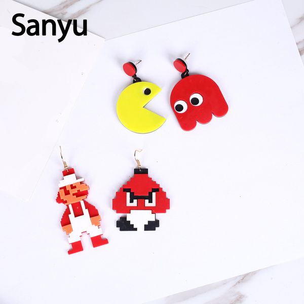 

new korean style mosaic harajuku drop earrings red yellow acrylic pac man funny drop earrings cool fashion ear jewelry for women, Silver