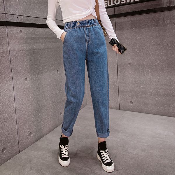 

женские джинсы с высокой талией женские джинсы бойфренда эластичный пояс джинсовая рваная джинсовая женщина плюс размер белый, Blue