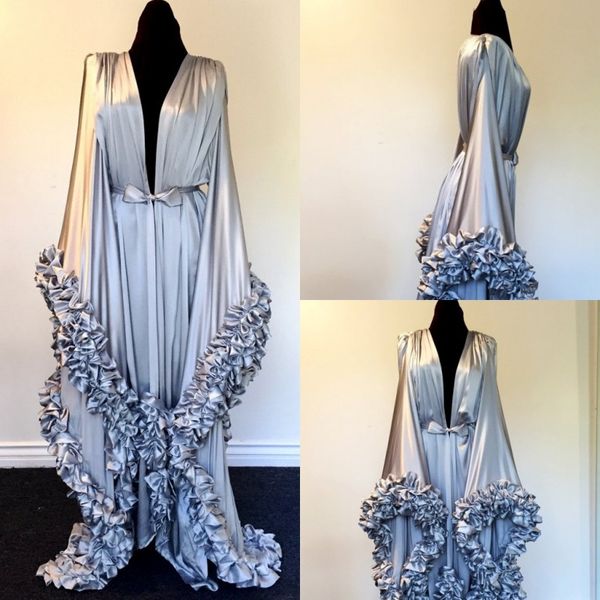 

womens robe silk nightgown bathrobe sleepwear ruffles bridal robe with belt deep v neck wedding party gifts bridesmaid dress, White;pink