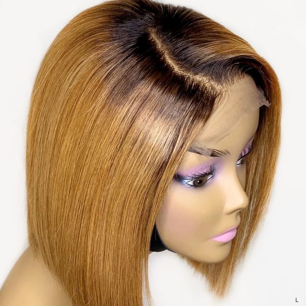 

sassoon bob 13x4 1b/27 ombre 130% lace front human hair wigs for women pre plucked brazilian short bob low ratio bleached knots, Black;brown