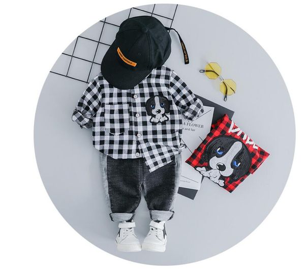 

zwxlhh 2019 spring baby boys clothes suits infant cartoon suit kids children lapel plaid shirt + jeans 2 pcs clothing sets, White
