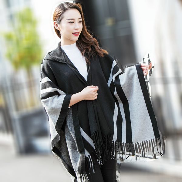 

autumn and winter ladies hooded cape shawl warm tassel cardigan cashmere shawl travel package travel cape, Blue;gray