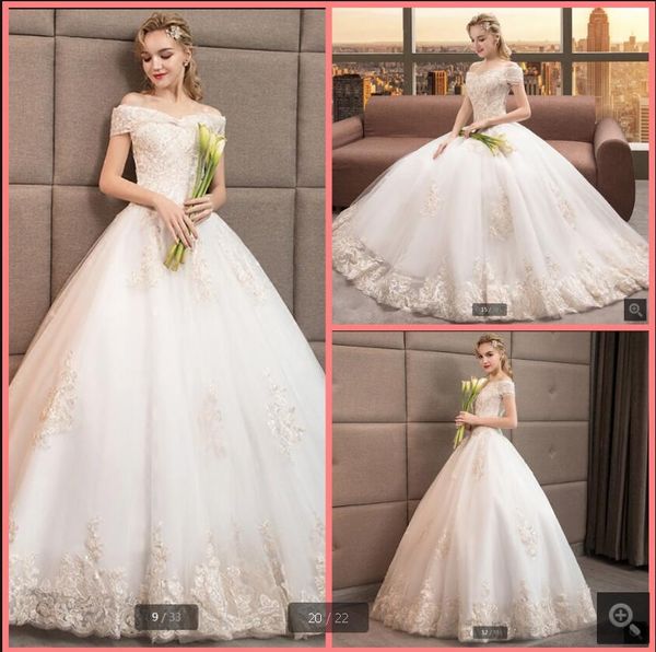

vestido de noiva 2020 champagne lace appliques ball gown wedding dress off the shoulder v neck vintage wedding gowns floor length corset, White