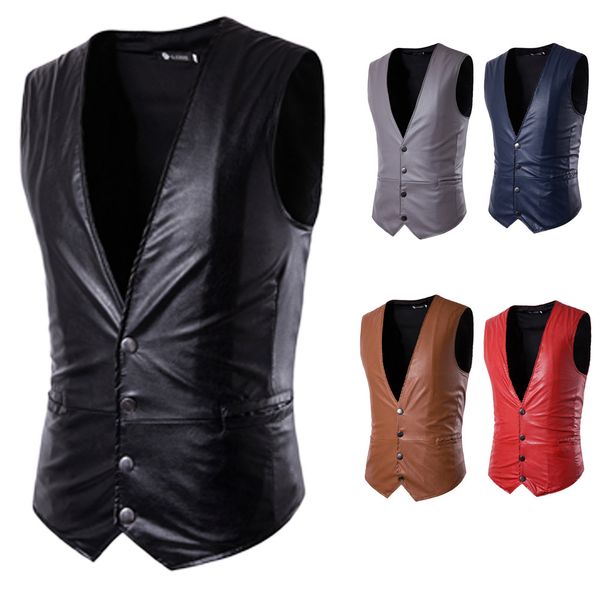 

men fashion pu leather jacket vest men's slim fit formal casual leather dress vest suit tuxedo waistcoat, Black;white
