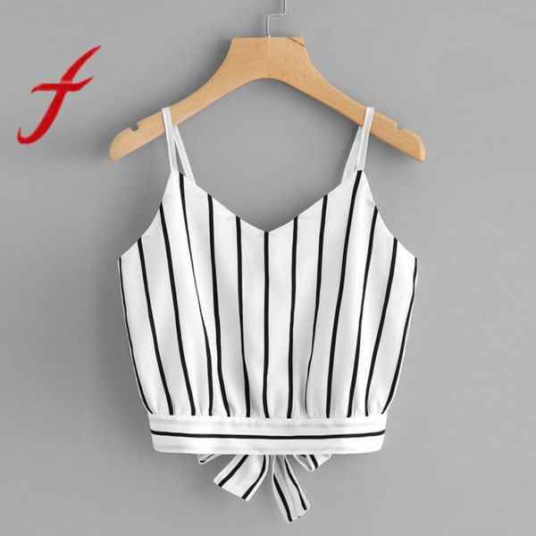 

feitong striped split tie back crop cami women casual spaghetti strap bow vest 2018 summer knot beach cropped vest, White