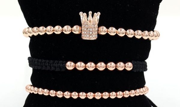 

4mm 3pcs/lot uj3 gold silver copper cz zircon cubic zirconia elastic ball bead crown punk macrame charm bracelet bangles, Black