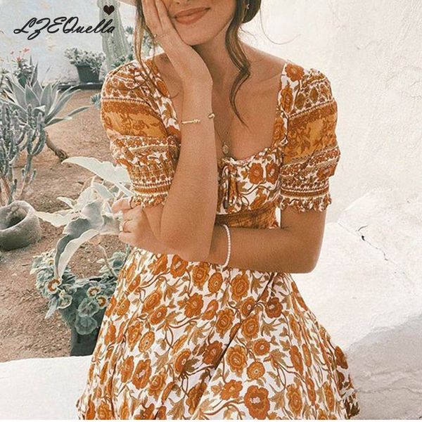 

lzequella women floral print square collar ruffles backless lace up mini dress sunmmer beach sundress holiday vestidos nz2018, Black;gray