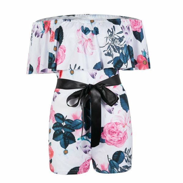 

boho women casual sleeveless bodycon playsuit romper ruffle off shoulder floral print tights bodysuit lace up casual, Black;white