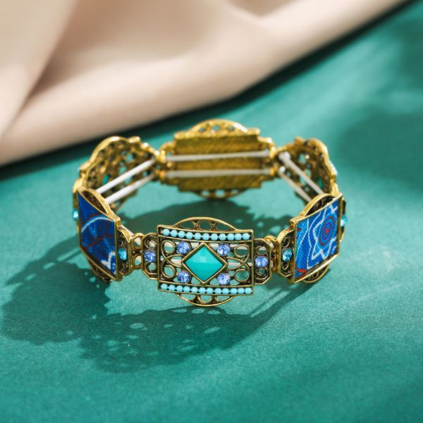 

vintage geometric style with colorful rhinestone elastic band bracelet hollow acrylic bangle for women men jewelry, Black