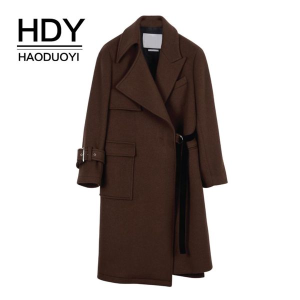 

women's wool & blends hdy haoduoyi commuter temperament asymmetrical lapel coat with a belt and split long overcoat, Black