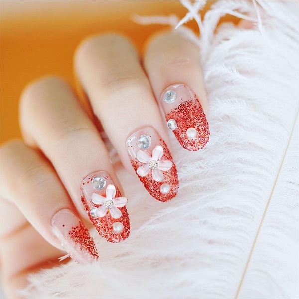 

exquisite manicure decorations detachable red flower 3d fake nails glitter diamante full cover round artificial nail tips 24pcs, Red;gold