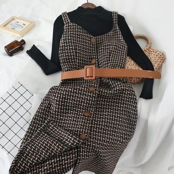 

winter 2 piece set women sashes vintage streetwear black slim turtleneck pullovers plaid strap high waist dress set, White