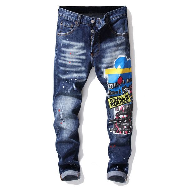

kimsere men fashion hi street ripped painted jeans pants streetwear hip hop rock denim trousers printed distressed jean joggers, Blue
