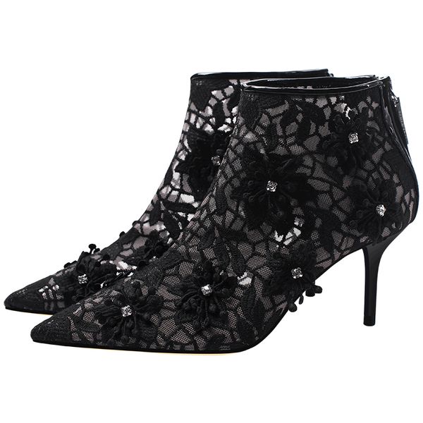 

2020 summer new black pointed lace hollow out cool boots fashion stiletto back zipper heels women shoes