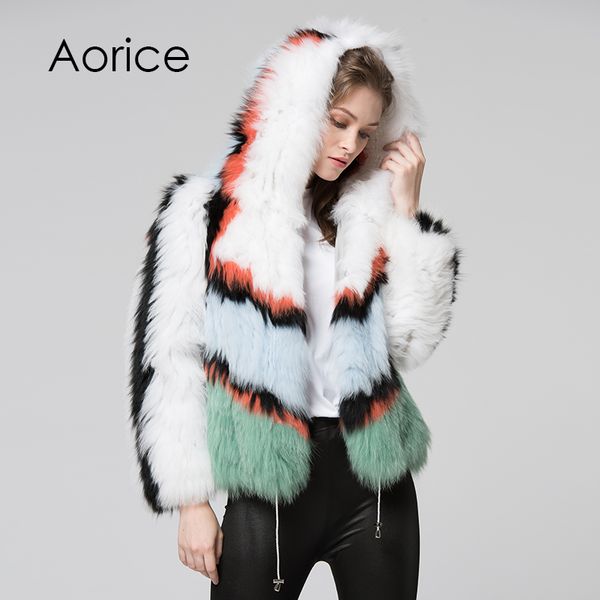 

women's fur & faux ct7029 women real coat knitted jacket hooded over size, Black