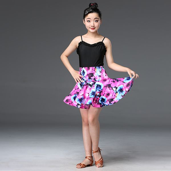 

2019 new kids latin dance dress girls sling print pattern dance skirt children dresses salsa rumba skirt dancewear latin girls, Black;red