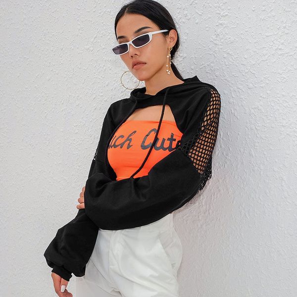 

new style women blouse fashion women's party club long sleeve mesh fish net short patchwork with hat crop, White