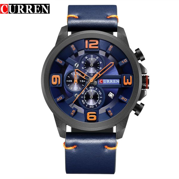 

curren men sport quartz chronograph watch male fashion casual dress date leather wristwatches gift relojes hombre 8288 blue, Slivery;brown