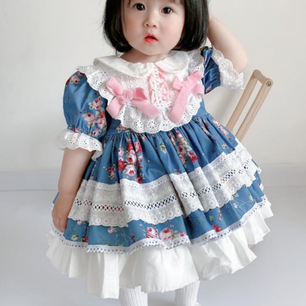 

baby girl summer blue floral lace vintage spanish turkey princess lolita ball gown dress for girls birthday party, Red;yellow
