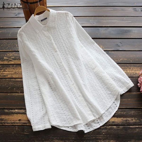 

zanzea women embroidery blouse turn down collar cotton linen shirt autumn elegant long sleeve blusas buttons work tunic, White