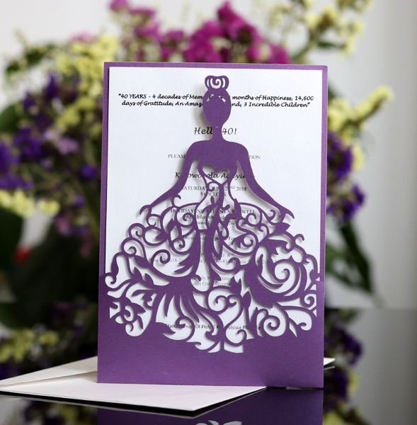 Convites de corte de laser OEM suporte personalizado com a menina no vestido dobrou o convite da festa de casamento oco com envelopes BW-HK111