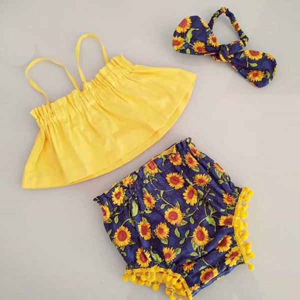 

newborn baby girl clothes summer yellow sleeveless crop sunflower tassels shorts pants outfits 2pcs set, Pink;blue