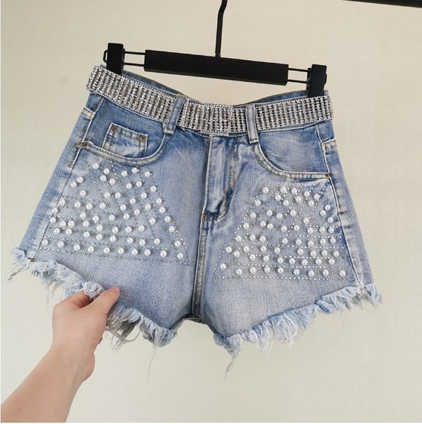 

pants 2019 summer new women's wide leg pants studded pearl fur edge high-waist jeans shorts female denim shorts, Blue