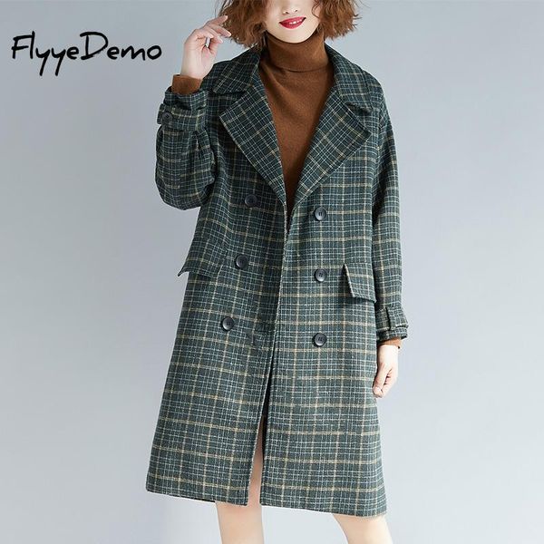 

new winter clothing plus velvet thick woolen jacket female korean style the long loose large size plaid woolen coat plus size, Black