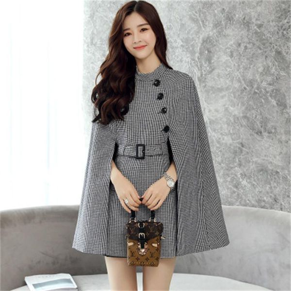 

fashion plaid coat female jacket autumn women's new british style cloak woolen jacket fashion cape coat female casual blazers, White;black