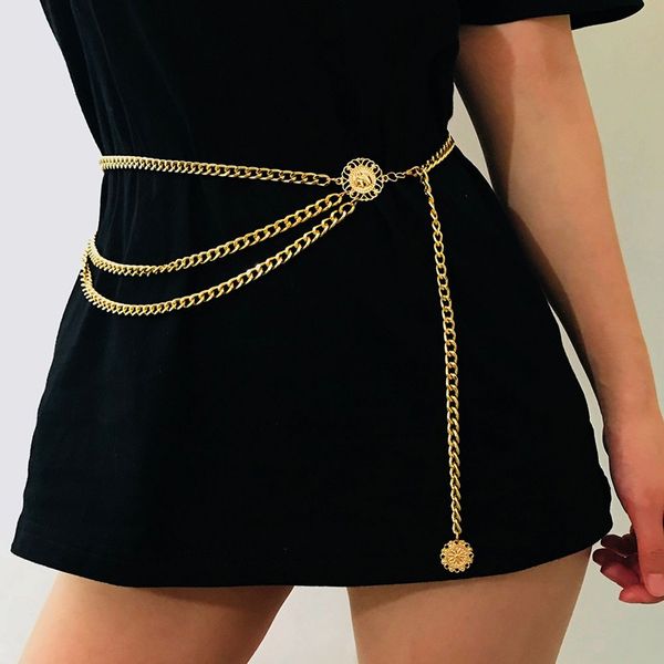 

new women retro gold belt waistbands all-match multilayer long tassel for party jewelry dress waist chain coin pendant belts, Black;brown