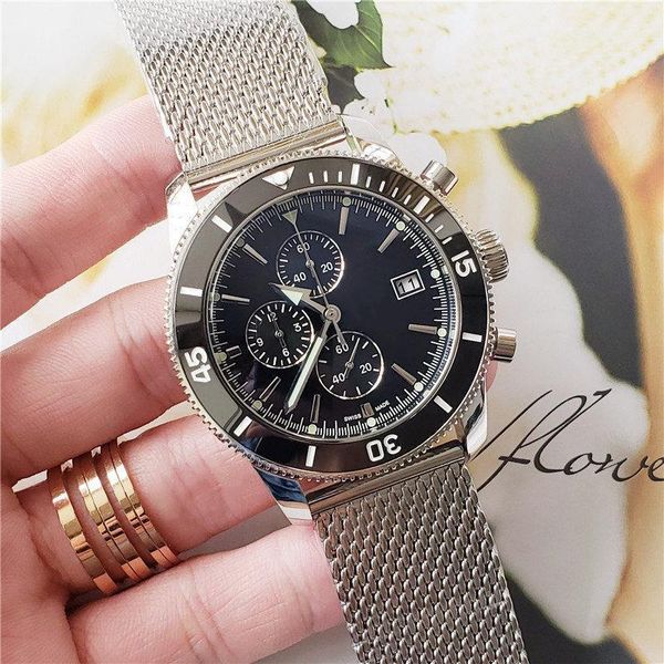 

wholesale new fashion mens luxury watch superocean 46mm stainless steel designer watches quartz movement chronograph mesh band wristwatches, Slivery;brown