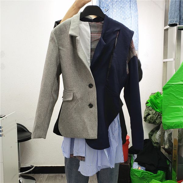 

ewq] 2020 весна сладкий женская куртка полосатая решетка шить вырез сплит талии дизайн блейзер корея свободные дамы офис пальто, White;black