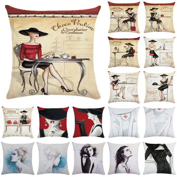 

elegant lady cushion cover polyester plush pillow cover pretty woman line drawing decorative pillows vintage art sofa pillowcase