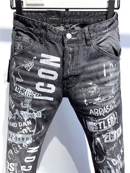 

new arrival fashion casual mens jeans slim jeans distressed logo ripped fit trousers skateboarding washed jeans denim pants size 44-54, Blue