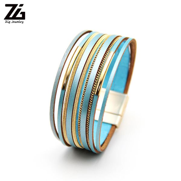 

zgmetal beads leather bracelets for women 2019 fashion slim strips boho multilayer wide wrap bracelet femme jewelry, Golden;silver