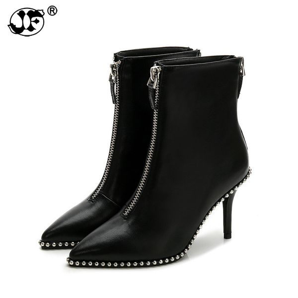 

new women boots rivet rhinestone zip high heels boots lady stiletto pointed toe ankle boot red white black gg8