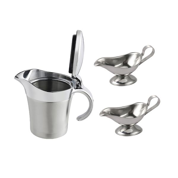 

3pcs stainless steel thermal steak gravy boat pot sauce jug 450ml + 150ml