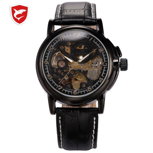 

classic vintage real leather strap skeleton black dial dress mens automatic wrap wrist mechanical watch relogio /036, Slivery;brown